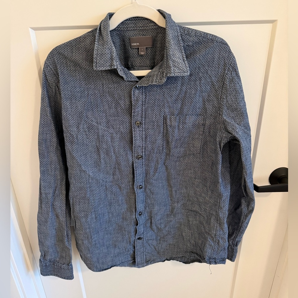 Vince Men’s Button Down Shirt Gray Micro Dot 100% Cotton Long Sleeve Size Large